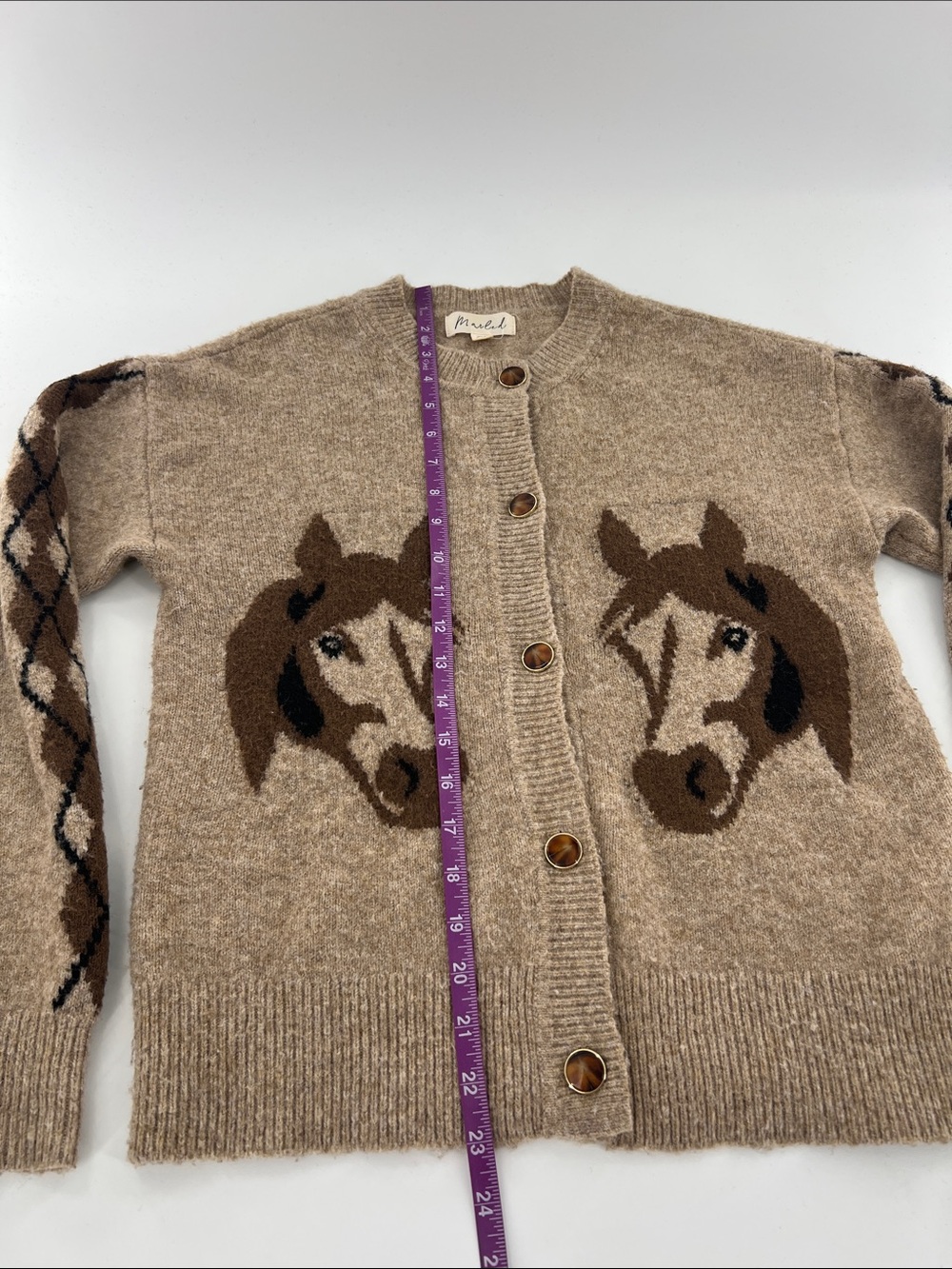 Marled Beige Horse-Intarsia Wool Blend Cardigan Sweater Western Coastal Cowgirl - Picture 5 of 7